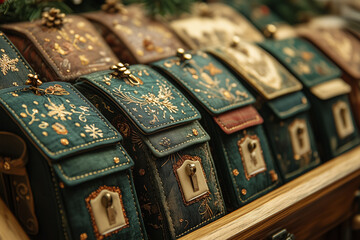 Obraz premium Close-up of intricately designed embroidered bags arranged on a display