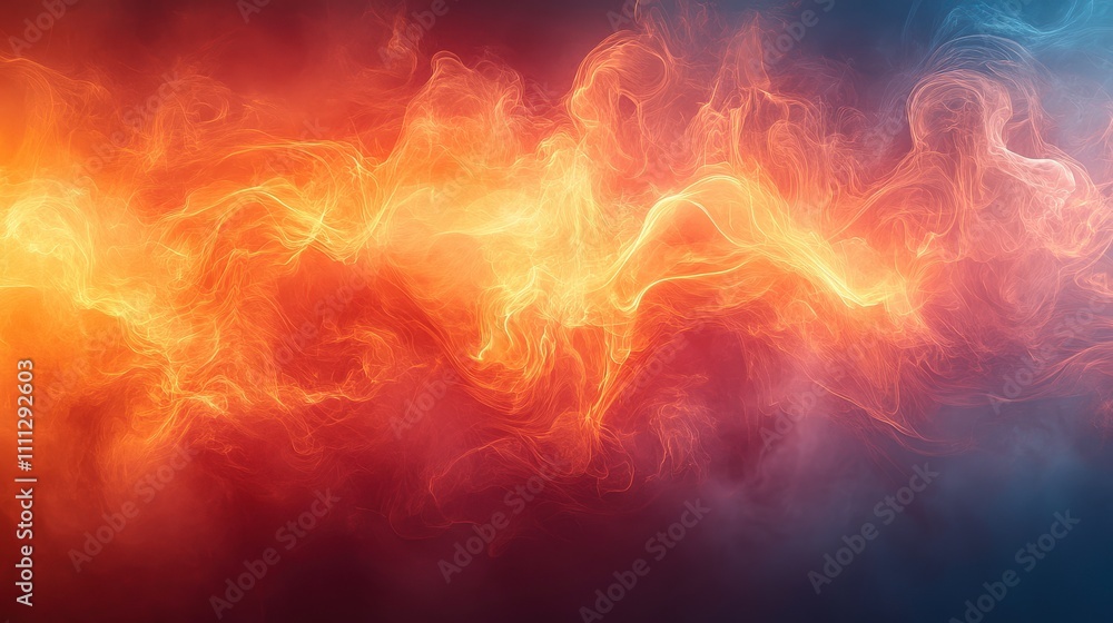 Poster abstract swirling flames in a gradient background, blending colors of red, orange, yellow, and blue,