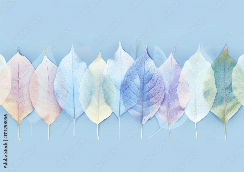 Poster delicate pastel leaves arranged in a seamless pattern on a soft blue background, creating a serene a