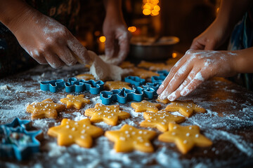 Family enjoys baking Christmas cookies together in a cozy kitchen filled with holiday spirit