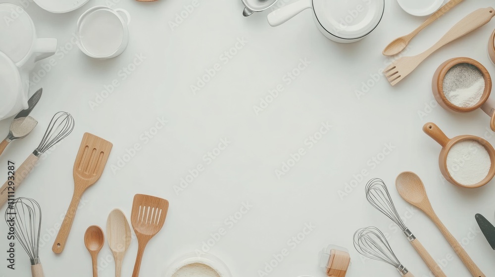 Poster flat lay of various kitchen utensils including spatulas, whisks, and pots, artistically arranged wit