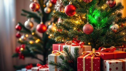 Decorated Christmas tree with colorful gifts underneath, seasonal, red and green