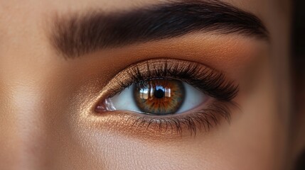 Obraz premium Close-up of a woman's eye with bronze eyeshadow and long lashes.