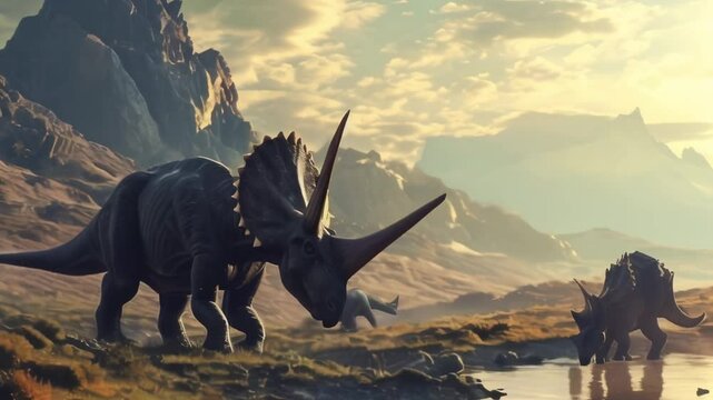 Triceratops peacefully drinking water in prehistoric landscape at sunset. Majestic mountains, cloudy sky, golden hour light. Mesmerizing view of extinct creatures in natural habitat