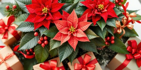 Poinsettias nestled among festive Christmas presents with ribbon and bows, gift, festive