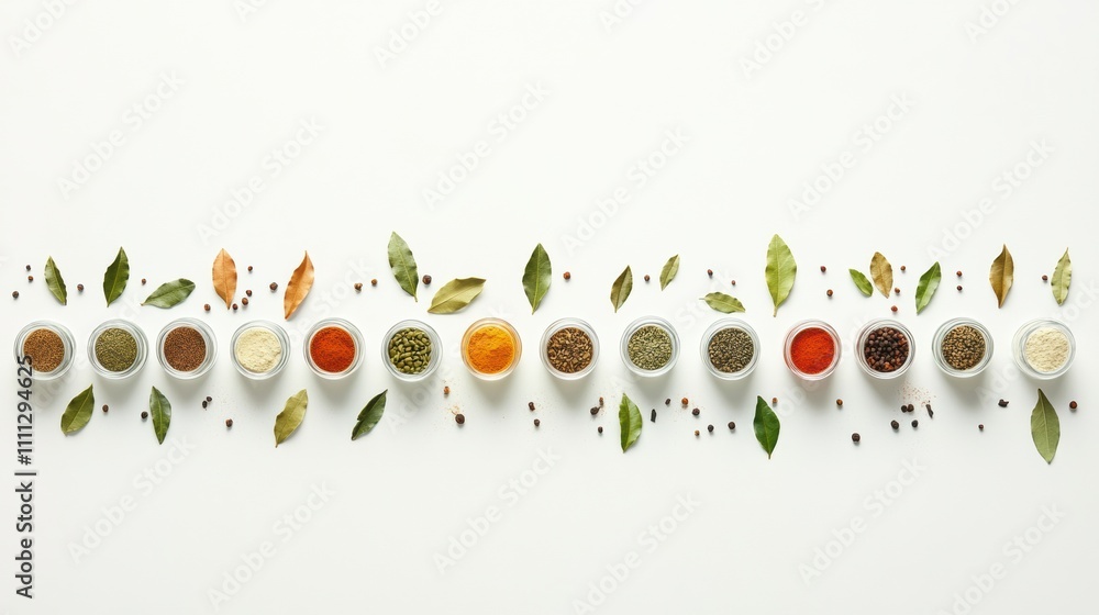 Aufkleber small jars filled with vibrant spices, alongside bay leaves and cinnamon sticks, create an aromatic 