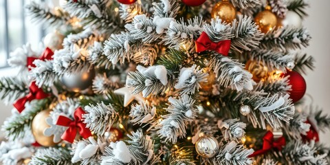 Fototapeta premium A beautifully decorated Christmas tree with colorful ornaments, lights, and ribbons, ribbons, holiday