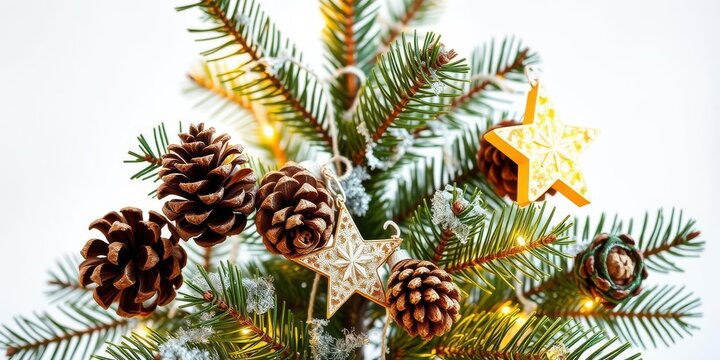 A beautifully decorated Christmas tree with sparkling lights and colorful ornaments isolated on a white background, glow, white