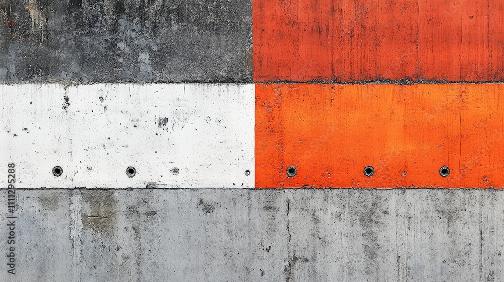Poster abstract image of colorful concrete wall featuring orange, white, and gray patterns with circular ho