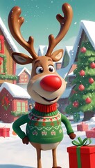 Cheerful reindeer character in festive holiday village during a snowy winter scene