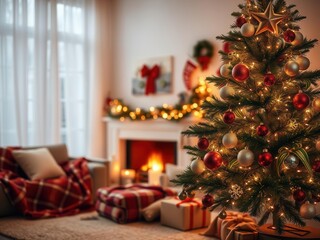 Cozy Christmas living room with fireplace, decorated tree, cozy blankets, and soft lighting, festive, cozy atmosphere