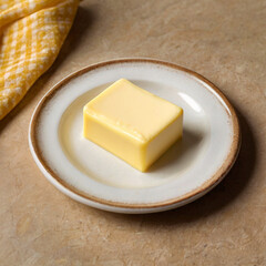 Fresh butter placed on a plate - close up. Breakfast still life. Cooking and good morning concept. Food and a Breakfast theme. High prices for butter.