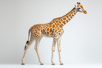 Naklejka premium A young giraffe stands against a plain white background