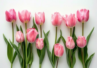 Obraz premium Beautiful arrangement of pink tulips on a white background, showcasing fresh flowers with vibrant colors and green leaves. Nature and floral concept.