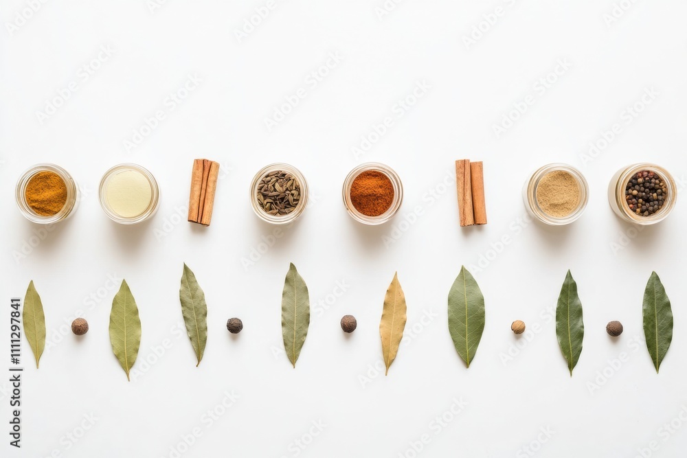 Poster brightly colored spice jars, along with cinnamon sticks and bay leaves, provide an inviting collecti