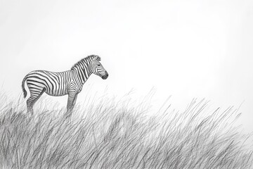 Fototapeta na wymiar A zebra stands amidst tall grass, set against a minimalist background.