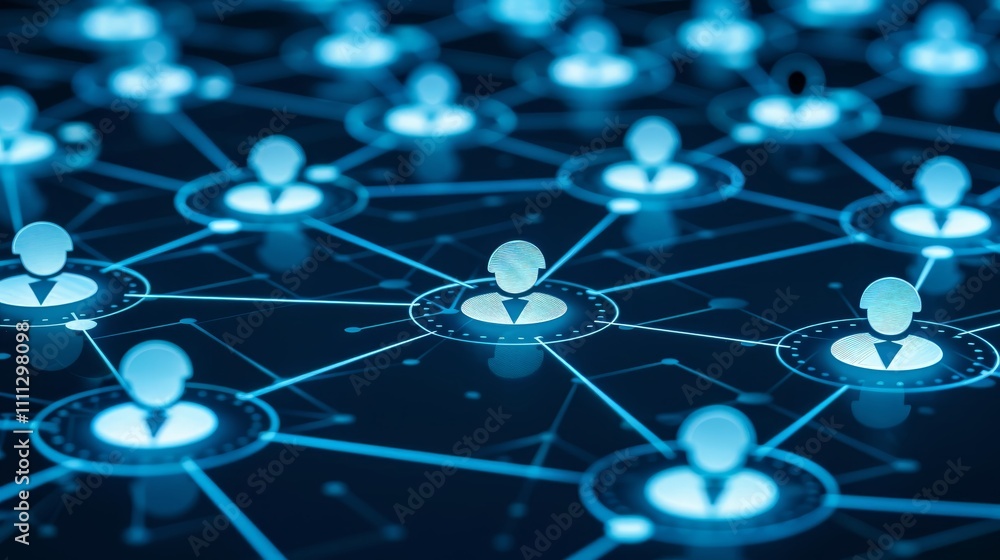 Poster multiple user icons connected through a complex digital network illustrate the concept of online com