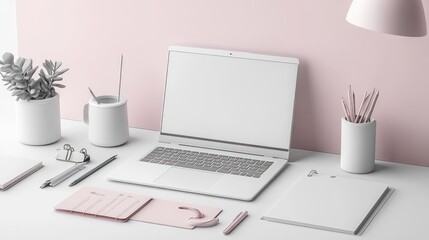 Minimalist workspace with laptop, stationery, and plant.