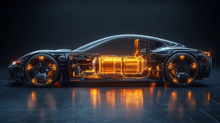 electric motor inside a modern vehicle chassis car in studio environment line art 3d illustration, rays black background