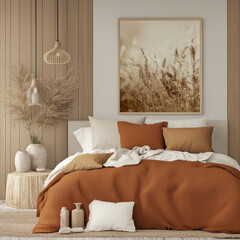 Create a material board for a bedroom featuring warm wood tones and neutral paint colors combined 