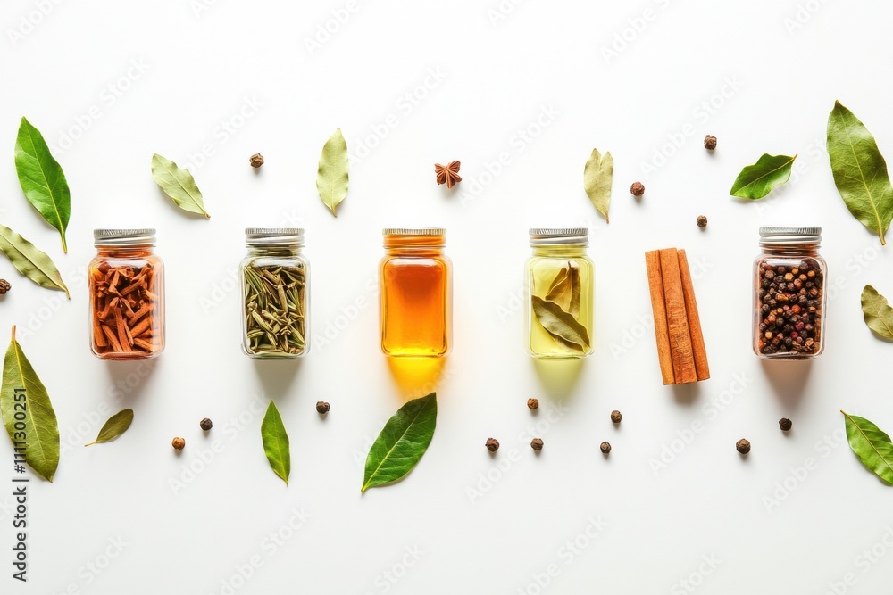 Poster brightly colored spices in jars are arranged alongside bay leaves and cinnamon sticks on a clean whi