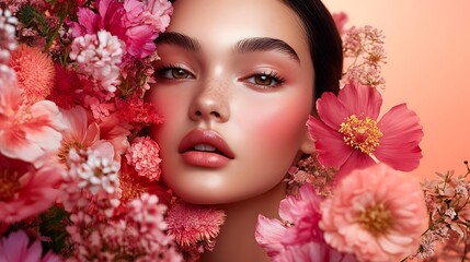 Naklejka premium Woman's Portrait Surrounded by Delicate Flowers