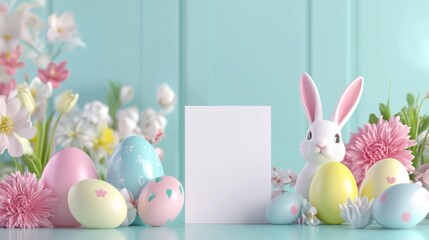 Colorful Easter decorations featuring pastel eggs, flowers, and a bunny on a turquoise background with a blank card for messages