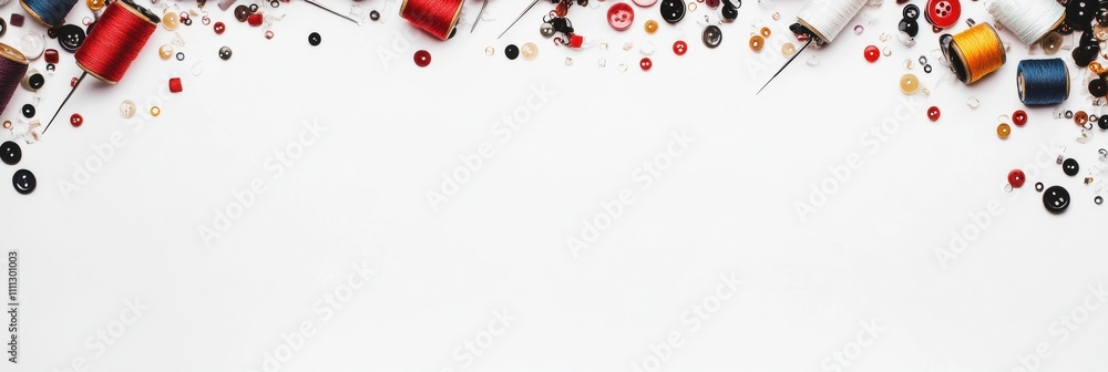 Aufkleber Sewing essentials like colorful threads, buttons, and needles arranged neatly on a white background, providing ample space for text insertion. Generative AI