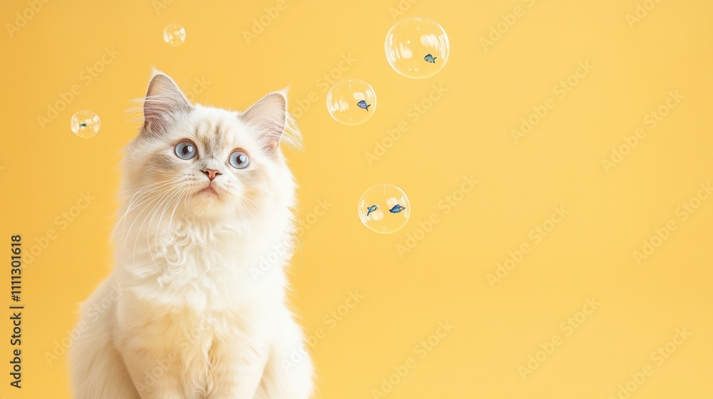 Poster a fluffy white cat observes whimsical bubbles containing fish floating around its head, set on a vib