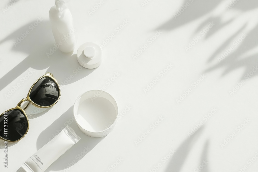 Poster bright summer accessories including stylish sunglasses and sunscreen on a white surface provide ampl