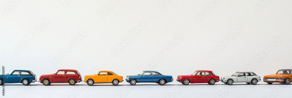 Poster Various colorful miniature car models are neatly arranged on a white background, providing an ideal space for additional text or graphics. Generative AI