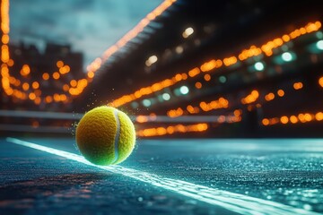 Tennis ball flying across blue court with light trails in busy stadium during match