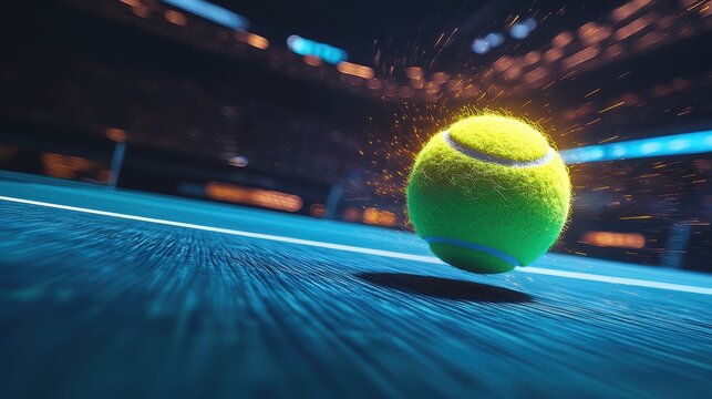 Bright tennis ball flying across blue court with vibrant trails in large stadium setting