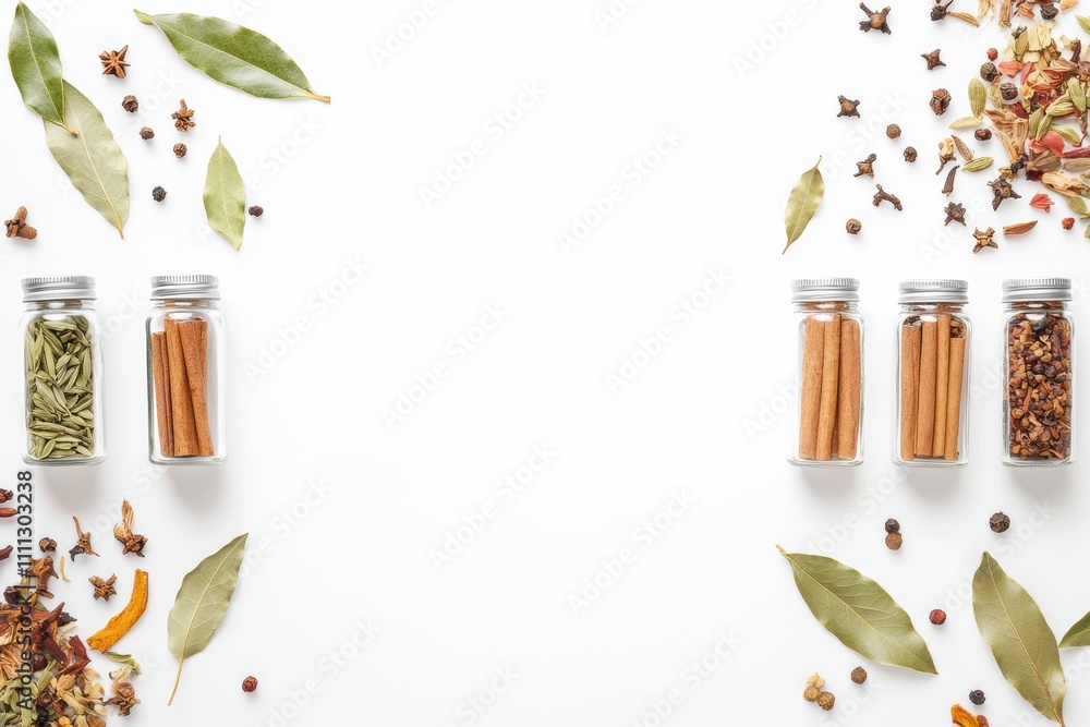 Poster display of vibrant spices in jars alongside aromatic bay leaves and cinnamon sticks creates an invit
