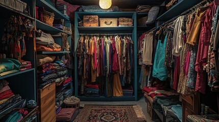 A well-organized walk-in closet with various clothing items, a rug, and a wicker basket.