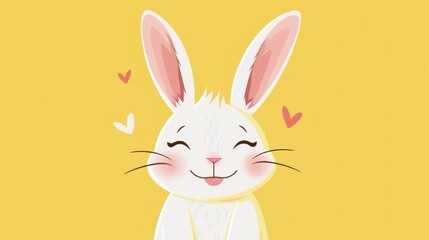 Fototapeta premium Happy cartoon rabbit illustration with big ears and a cheerful smile, set against a bright yellow background. Perfect for childrenâ€™s products and playful designs.