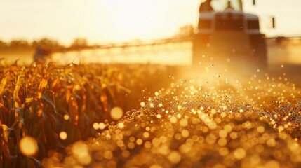 Fototapeta premium Agricultural scene with tractor spraying crops under golden sunlight, showcasing farming practices and vibrant cornfield. Nature and sustainability concept.