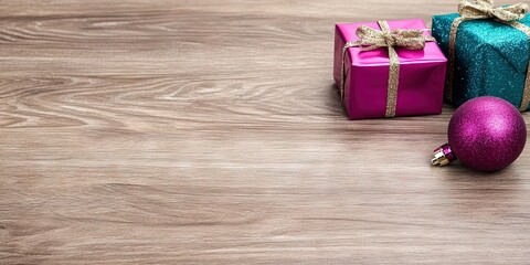 pink presents, teal ornaments, christmas, isolated on wood background