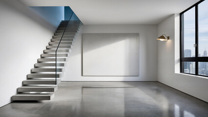 Obraz premium Bright, spacious room with a modern concrete staircase. Architecture, interior design, and real estate listings.