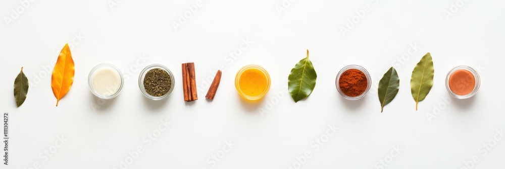 Poster various spices are neatly arranged in small jars alongside bay leaves and cinnamon sticks on a white