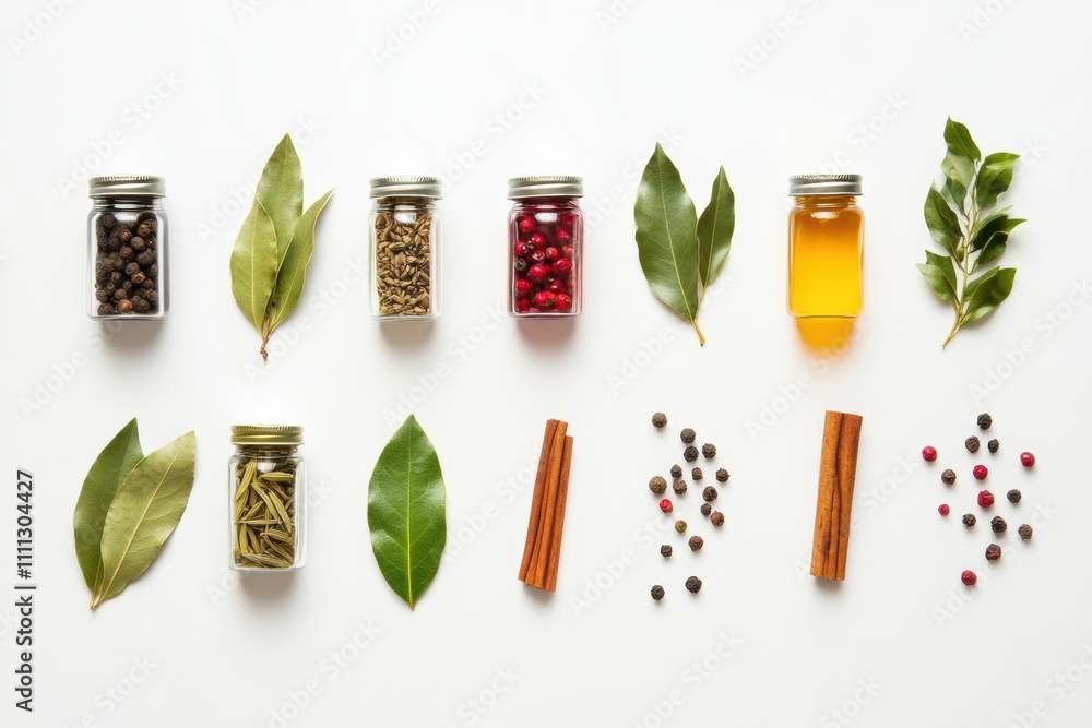 Poster Small colorful jars filled with spices alongside bay leaves and cinnamon sticks create an aromatic display with plenty of empty space for text. Generative AI