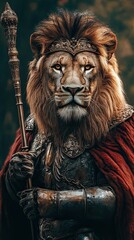 Majestic Lion King in Regal Armor Holds a Scepter