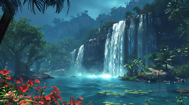 Serene Tropical Rainforest Waterfall Surrounded by Lush Foliage and Vibrant Flowers, Ideal for Nature and Landscape Photography Collections
