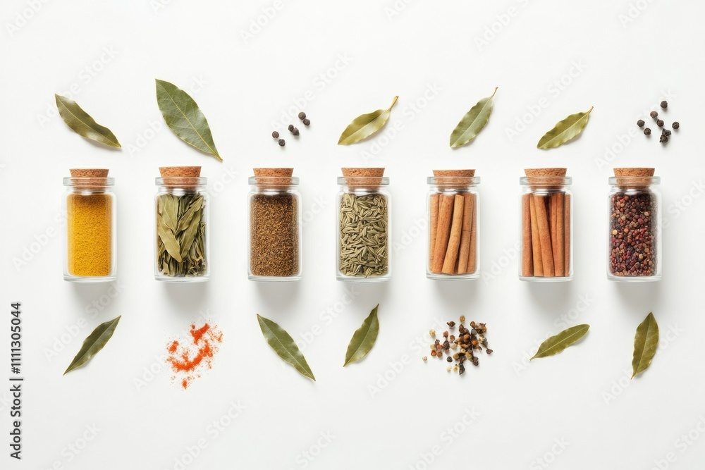 Poster Small jars filled with assorted spices, along with bay leaves and cinnamon sticks, create an aromatic and vibrant culinary display. Generative AI