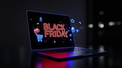 Black friday neon glow: laptop shopping frenzy and holiday discounts