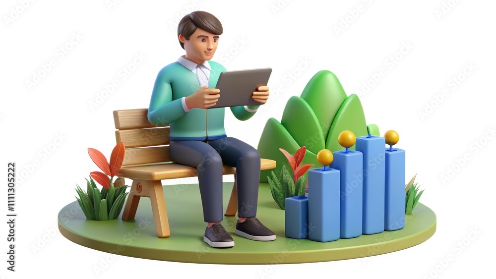 Poster digital learning: man with tablet analyzing data on park bench