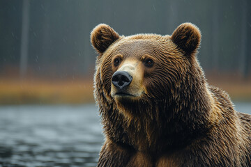 Obraz premium Brown Bear Portrait In Rainy Weather