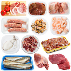 Image of raw meat, fish and poultry isolated on white background