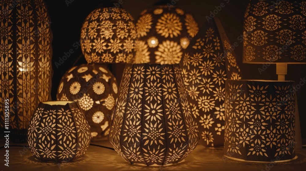 Poster A collection of intricately designed lamps casting warm, decorative patterns in a cozy, illuminated space.