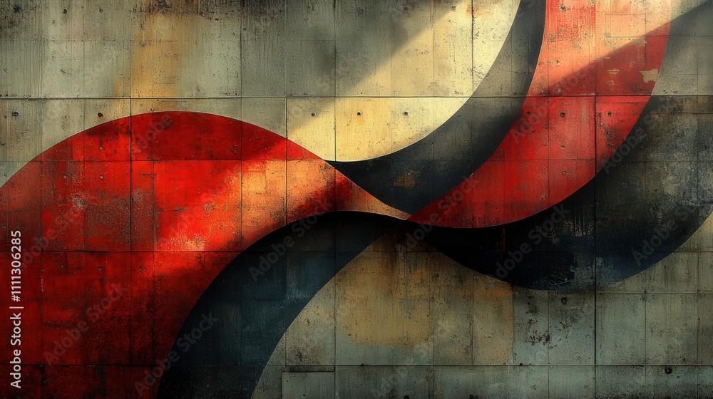Poster abstract geometric artwork with red, black, and yellow curves on a weathered concrete surface, creat